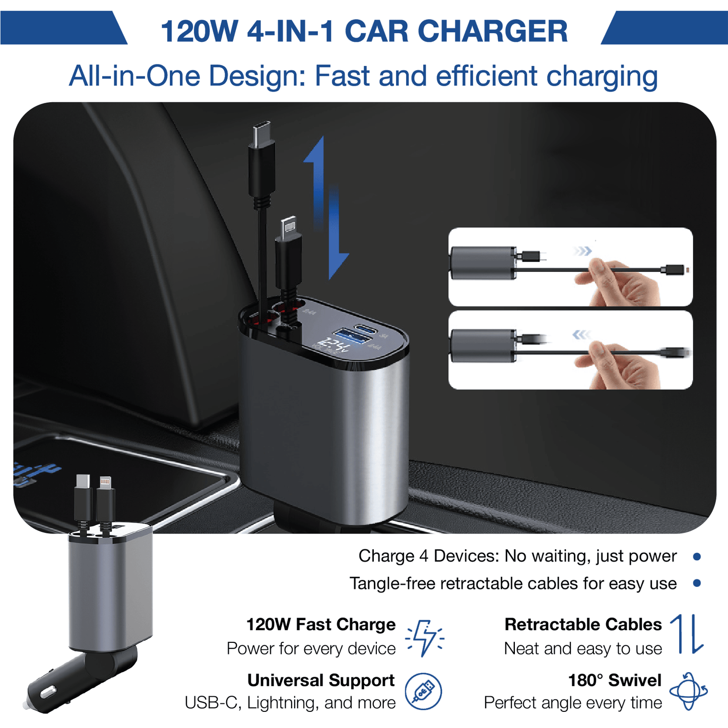 NIXEVO™ 4 IN 1 CAR CHARGER ADAPTER POWERFUL FAST CHARGING