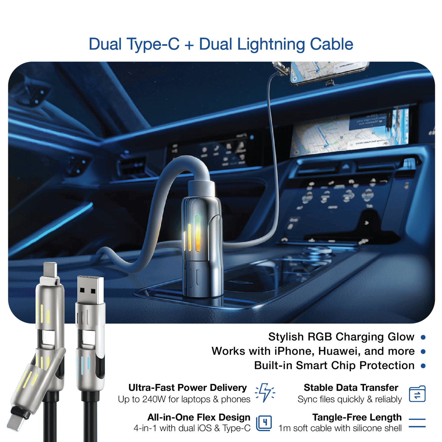 NIXEVO™ ULTRACHARGE 4 IN 1 240W FAST CHARGING CABLE 1M2